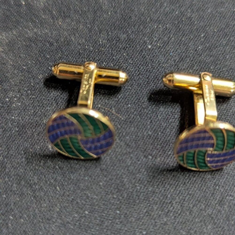 Vintage‎ Christian Dior Enamel Gold-Tone Cufflinks Green & Blue Swirl Design - Picture 7 of 10